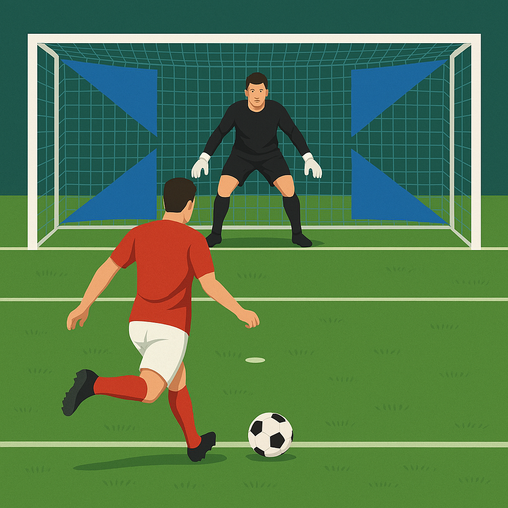 Ein Fußball-Elfmeter: Ein Elfmeterschütze steht vor einem Tor mit Torhüter. Am Tor sind die unzugänglichen Bereiche für den Torhüter markiert – oben rechts und links in den Winkeln sowie entlang der Pfosten von oben nach unten. Diese Zonen sind farblich hervorgehoben, um zu zeigen, wo ein professionell geübter Schuss den Torhüter nicht erreichen lässt.