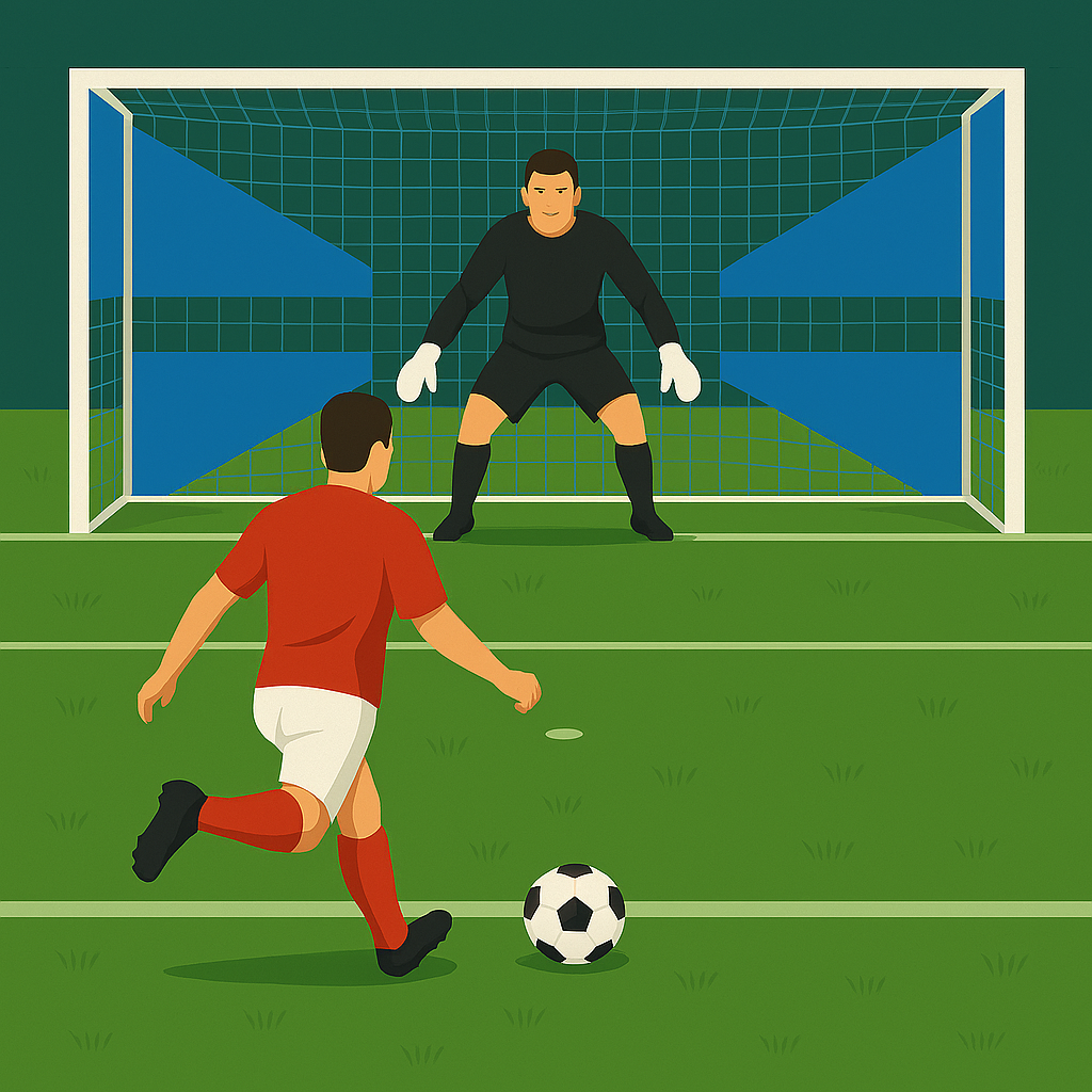 Ein Fußball-Elfmeter: Ein Elfmeterschütze steht vor einem Tor mit Torhüter. Am Tor sind die unzugänglichen Bereiche für den Torhüter markiert – oben rechts und links in den Winkeln sowie entlang der Pfosten von oben nach unten. Diese Zonen sind farblich hervorgehoben, um zu zeigen, wo ein professionell geübter Schuss den Torhüter nicht erreichen lässt.