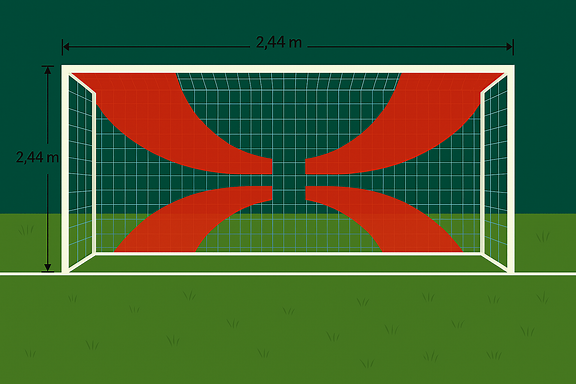Visualisierung aus Sicht eines Elfmeterschützen: Ein Fußballtor mit den Maßen 7,32 m Breite × 2,44 m Höhe. Ein Torhüter steht mittig auf der Torlinie. Die Grafik zeigt die optimalen Zielbereiche für einen Elfmeter, die der Torwart garantiert nicht erreichen kann – basierend auf physikalischen Parametern wie Sprungreichweite (2,5 m seitlich, 1 m vertikal), Reaktionszeit (0,3–0,5 Sekunden) und Ballgeschwindigkeit (100 km/h). Diese unhaltbaren Zonen sind farblich hervorgehoben und stellen die bevorzugten Schussziele dar.